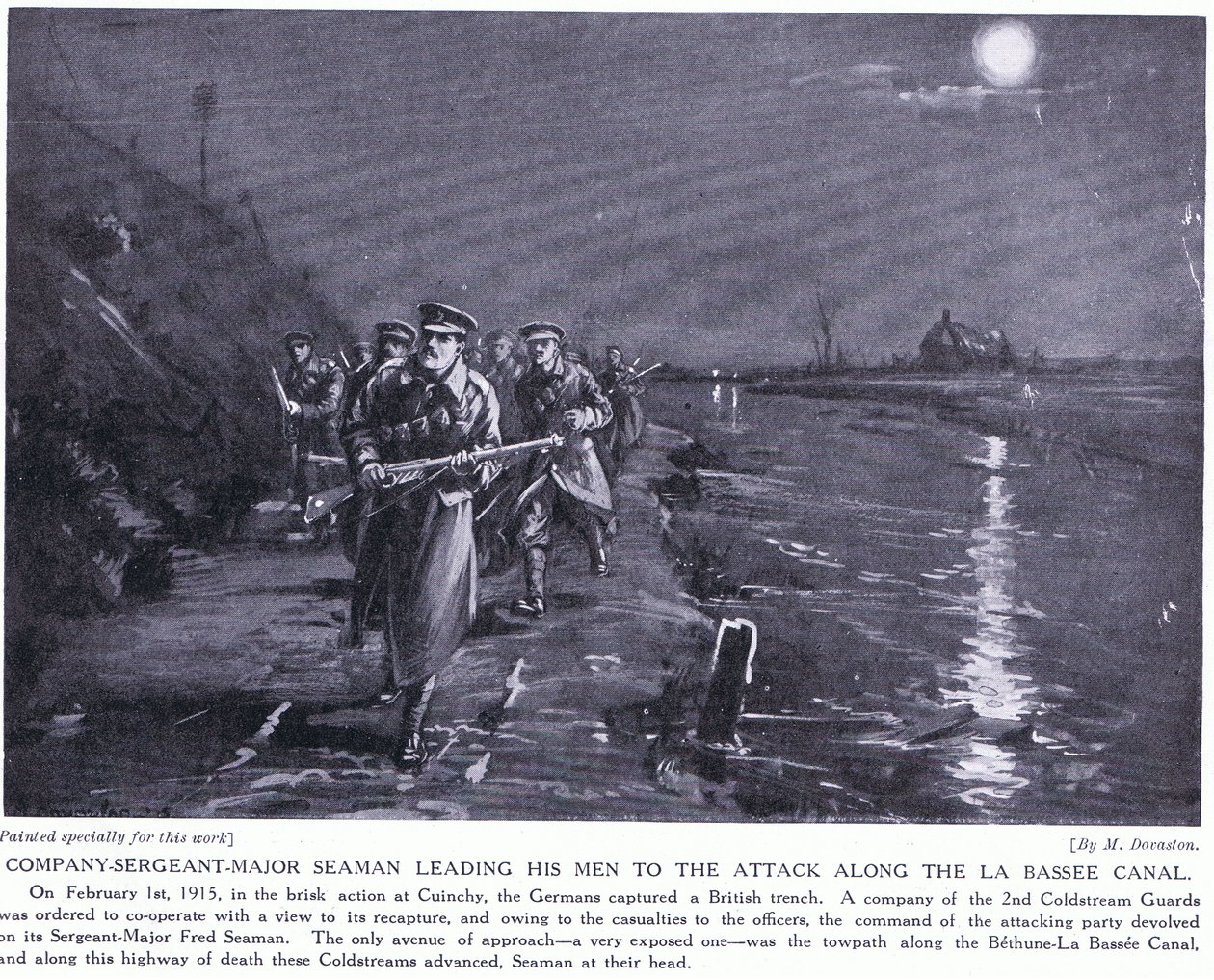 Le sergent major de la compagnie Seaman conduisant ses hommes le long du canal de La Basse en février 1915 (litho) - Margaret Dovaston