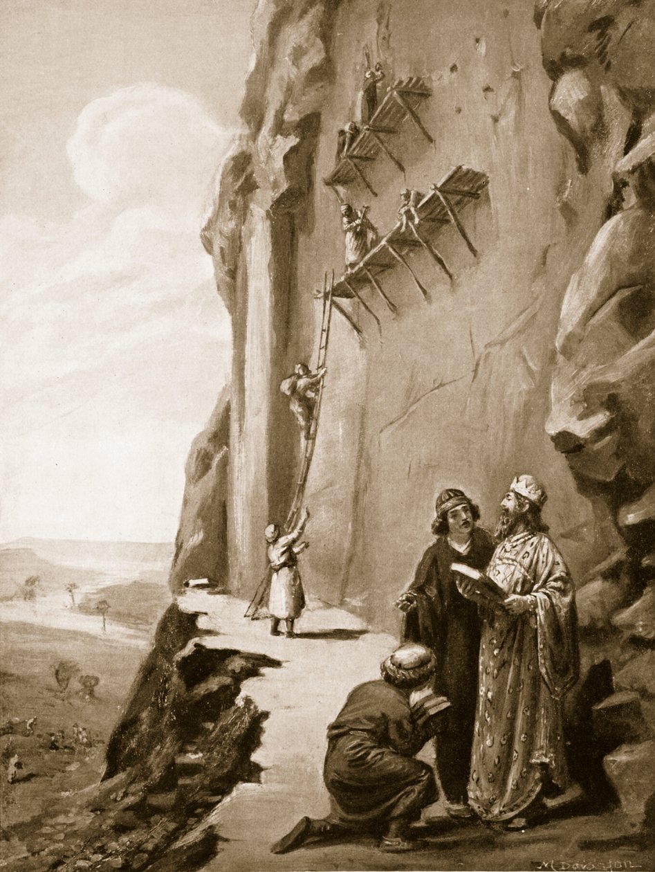 Darius supervisant son inscription à Behistun, illustration tirée de "Hutchinson