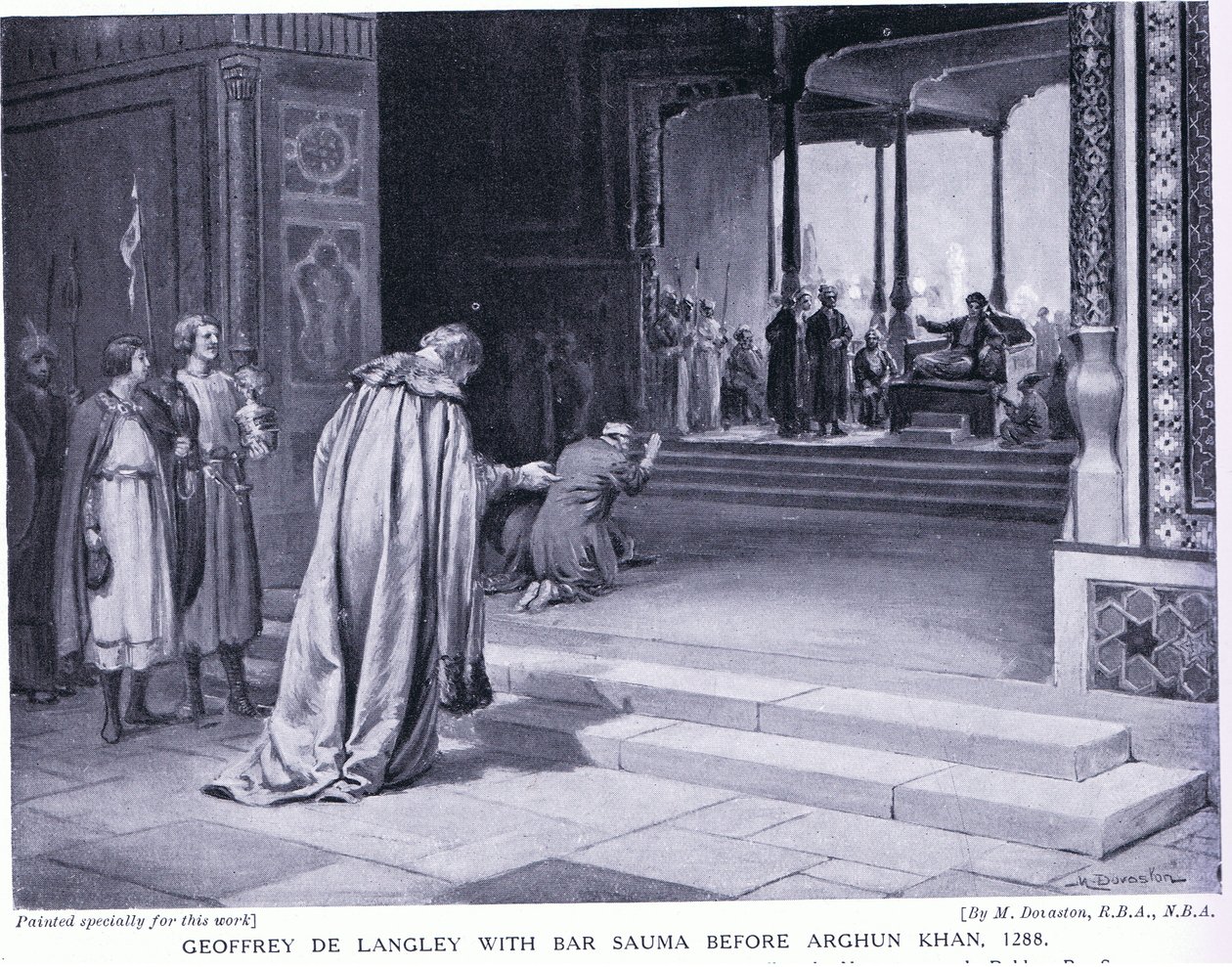 Geoffrey de Langley avec Bar Sauma devant Arghun Khan 1288AD (litho) - Margaret Dovaston
