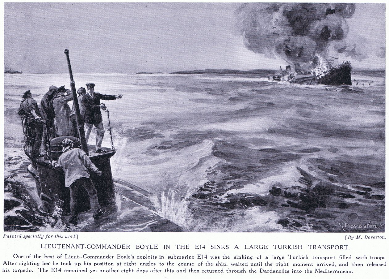Le capitaine de corvette Boyle, à bord du E14, coule un gros transport turc en 1915 (lithographie). - Margaret Dovaston