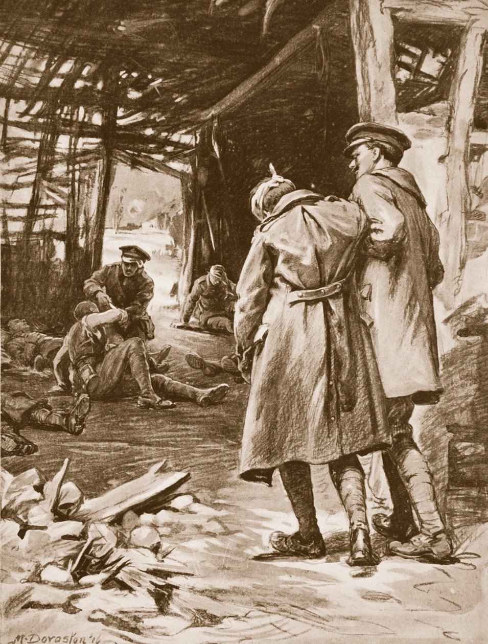 Le soldat J.S. Kerr prodiguant les premiers soins aux blessés dans une ferme lourdement bombardée (litho) - Margaret Dovaston
