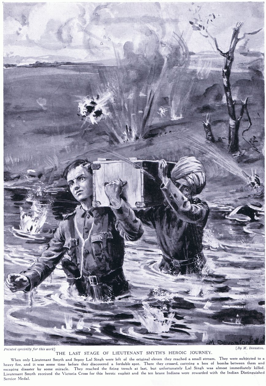 La dernière étape du voyage héroïque du lieutenant Smyth : Décoré de la Croix de Victoria en mai 1915 (lithographie) - Margaret Dovaston