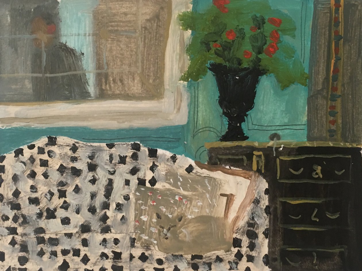 Intérieur avec Сat, 2019 (huile sur papier) - Maria Magenta