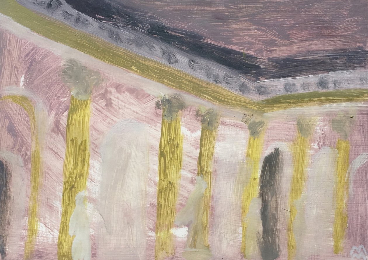 Intérieur viennois rose avec colonnes, 2019 (huile sur papier) - Maria Magenta