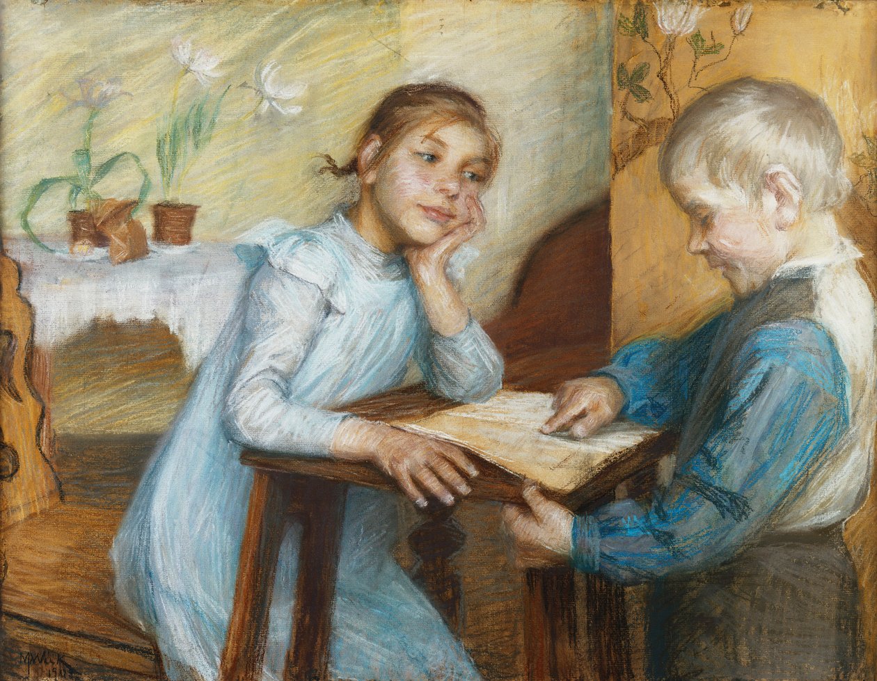 Un intérieur avec un garçon lisant à une fille, 1912 - Maria Wiik