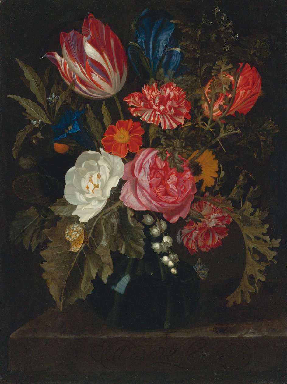 Fleurs dans un vase sur un rebord de marbre - Maria van Oosterwijck
