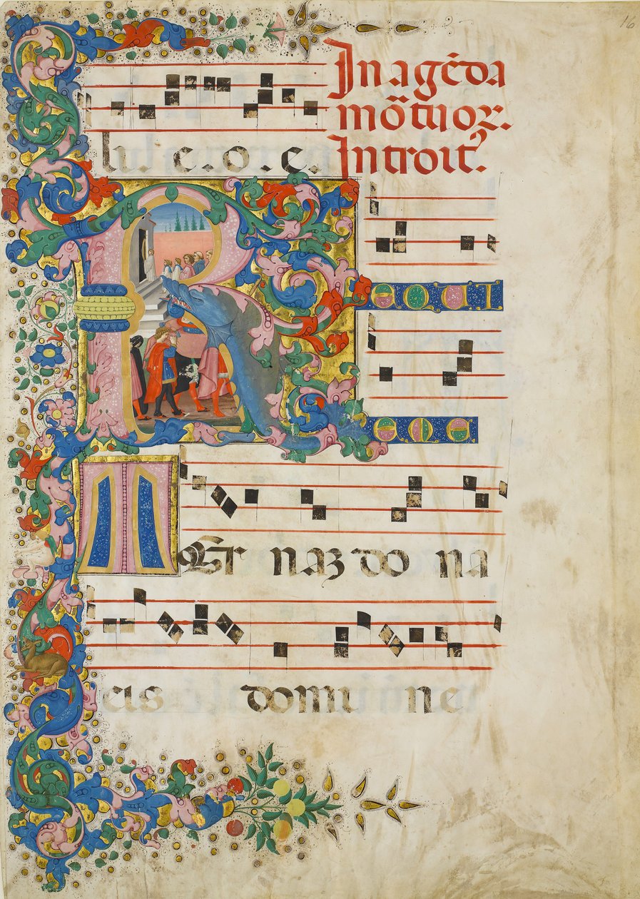 Feuille de manuscrit avec une procession funéraire dans une initiale R, d