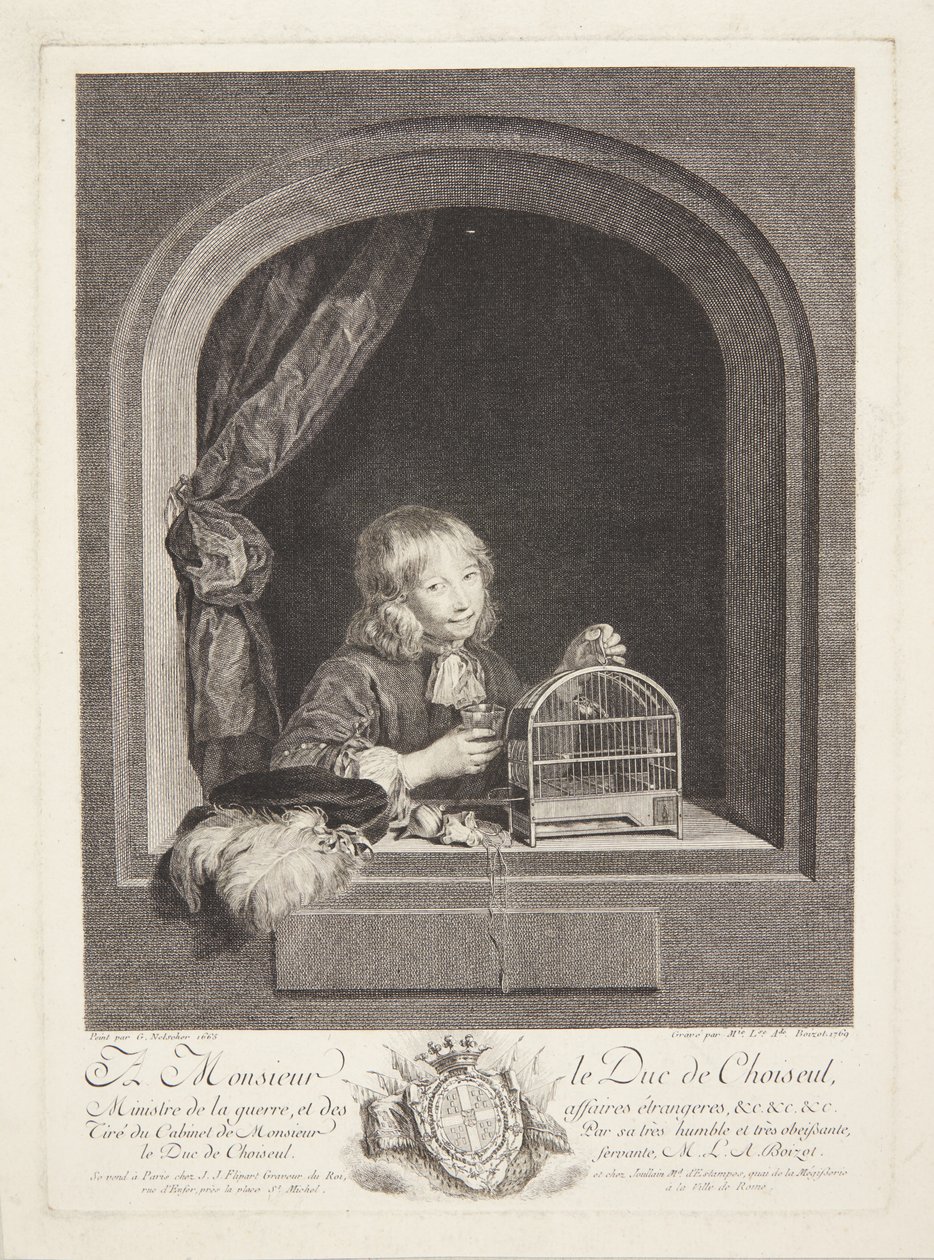 Un garçon avec une cage à oiseaux à une fenêtre - Marie Louise Adélaïde Boizot