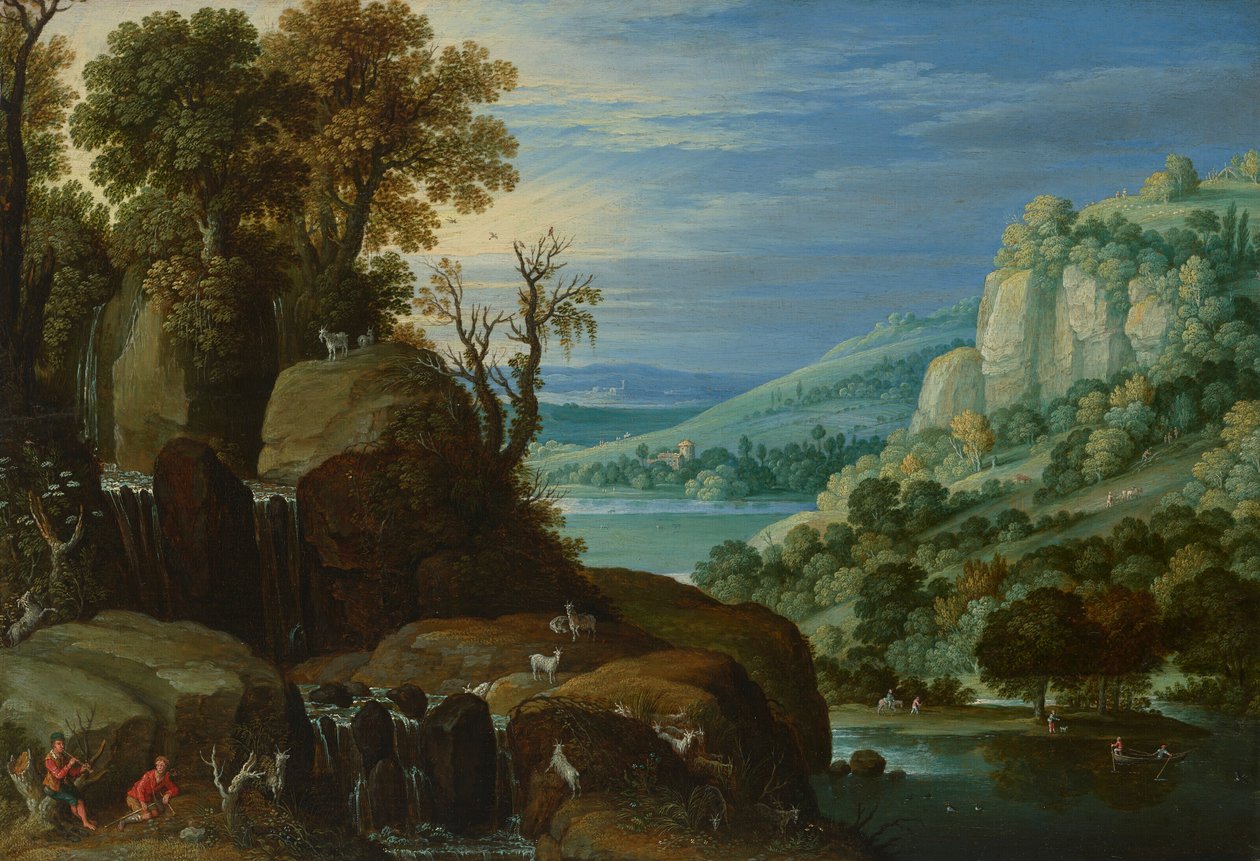 Un vaste paysage fluvial avec des chevriers jouant de la cornemuse près d