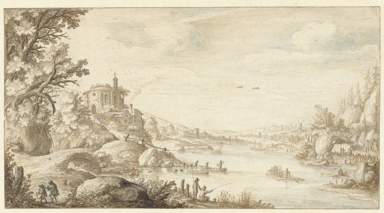 Paysage vallonné avec une chapelle ronde au bord d