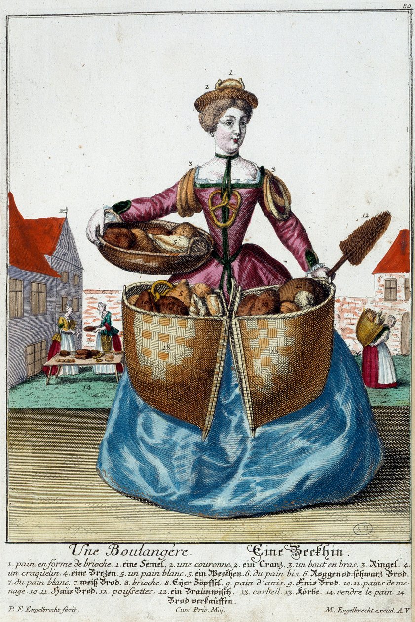 Métier : Un boulanger. Gravure de Martin Engelbrecht (1684-1756), dans "Nouvelle assemblée des manœuvres habillés" XVIIIe siècle, Allemagne. Paris, Arts décoratifs - Martin Engelbrecht