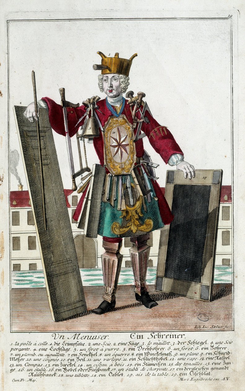 Métier : Un charpentier. Gravure de Martin Engelbrecht (1684-1756), dans "Nouvelle assemblée des manœuvres habillés" XVIIIe siècle, Allemagne. Paris, Arts décoratifs - Martin Engelbrecht