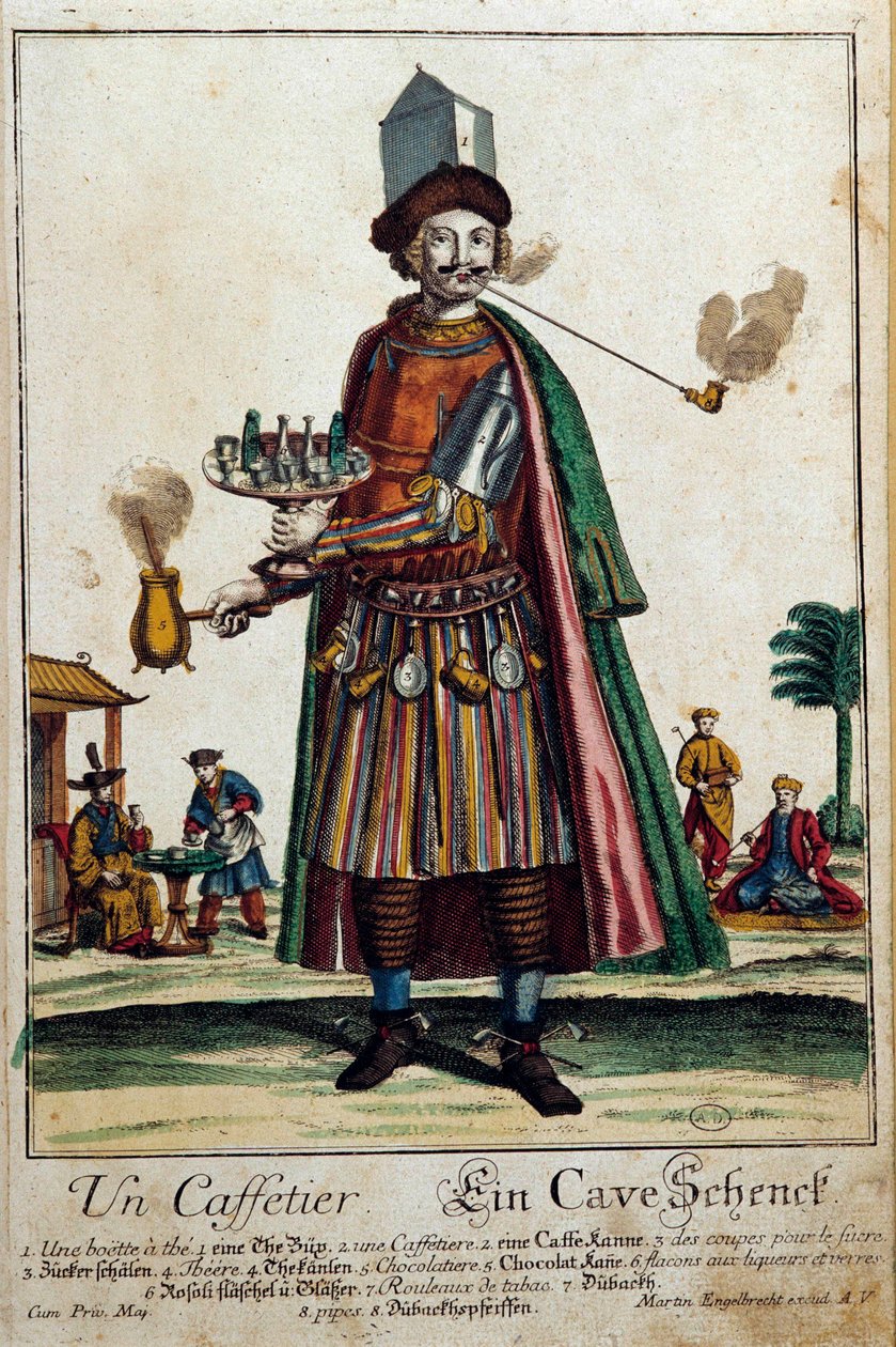 Le cafetier : un homme portant une cafetière et un service. Gravure par Martin Engelbrecht (1684-1756) 18e siècle Paris, Arts décoratifs - Martin Engelbrecht