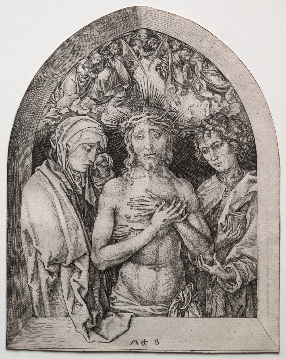 Christ en homme de douleurs entre la Vierge et Saint Jean - Martin Schongauer