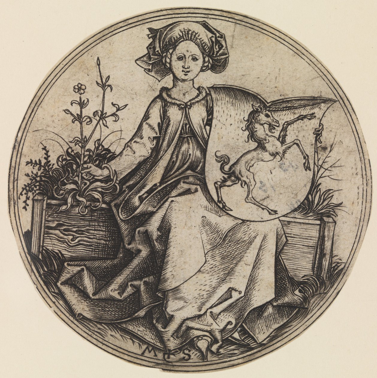 Dame Assise Tenant un Bouclier avec une Licorne, vers 1435-1491 - Martin Schongauer