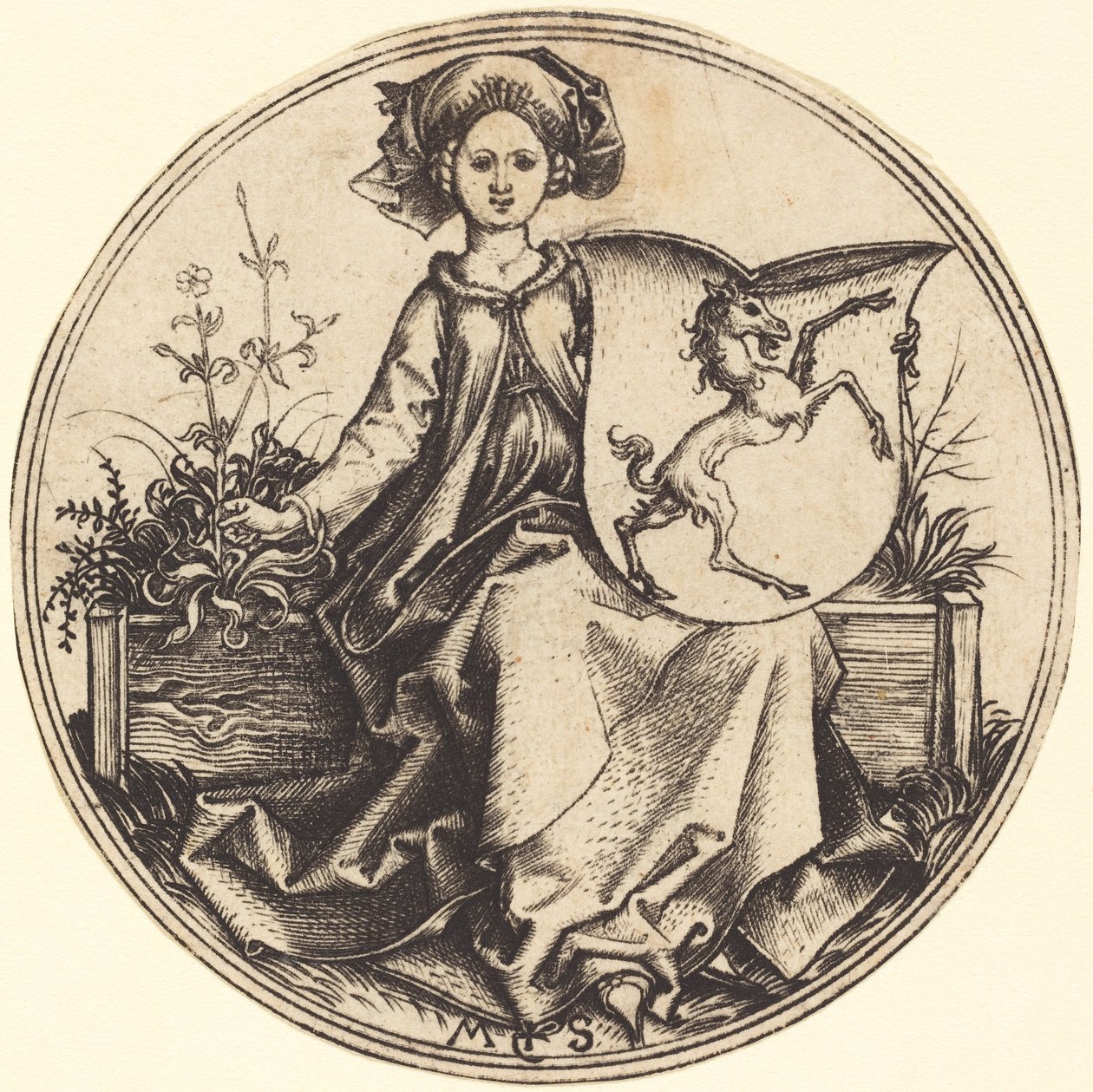 Bouclier avec licorne, tenu par une femme - Martin Schongauer