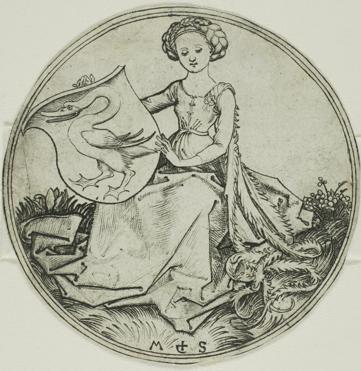 Écu avec un cygne, tenu par une dame assise - Martin Schongauer