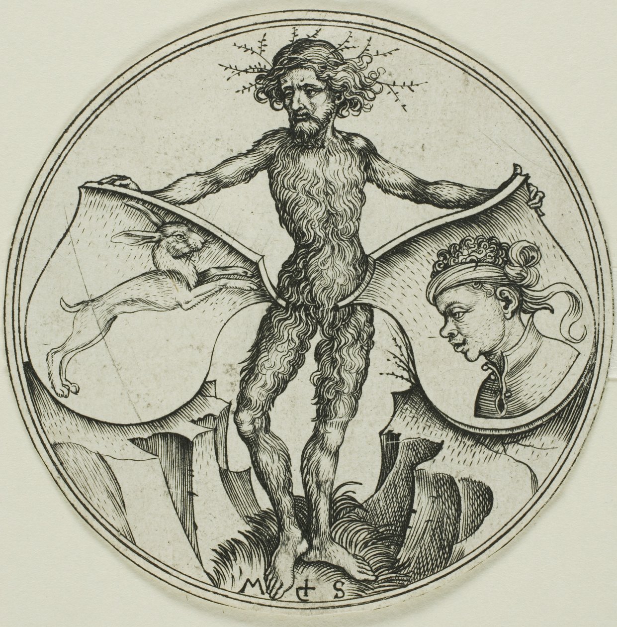 Deux boucliers avec une tête de lièvre et une tête de maure, tenus par un homme sauvage - Martin Schongauer
