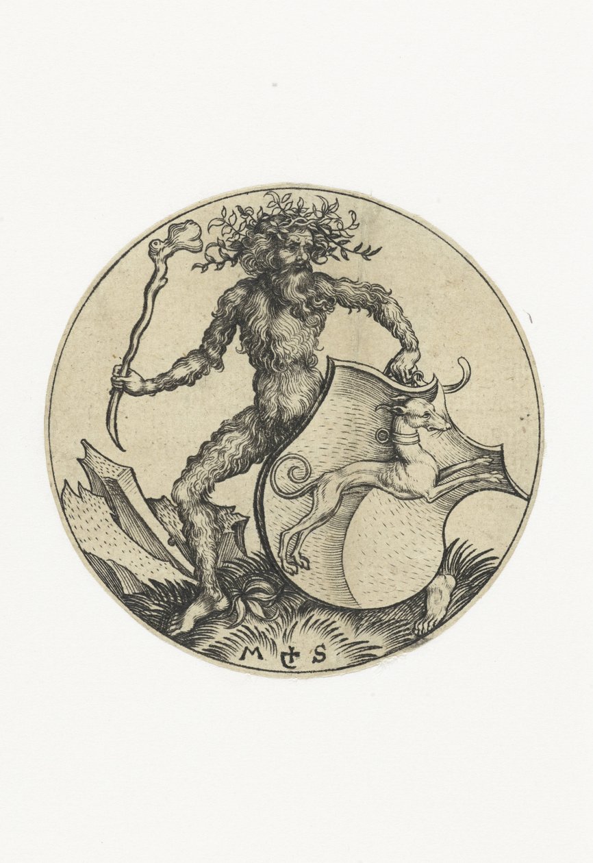 Blason avec un chien, tenu par un homme sauvage avec une massue - Martin Schongauer