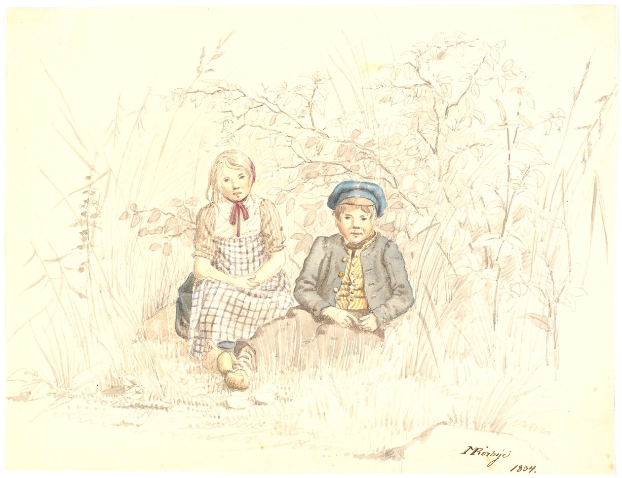 Garçon et fille assis dans la verdure - Martinus Rørbye