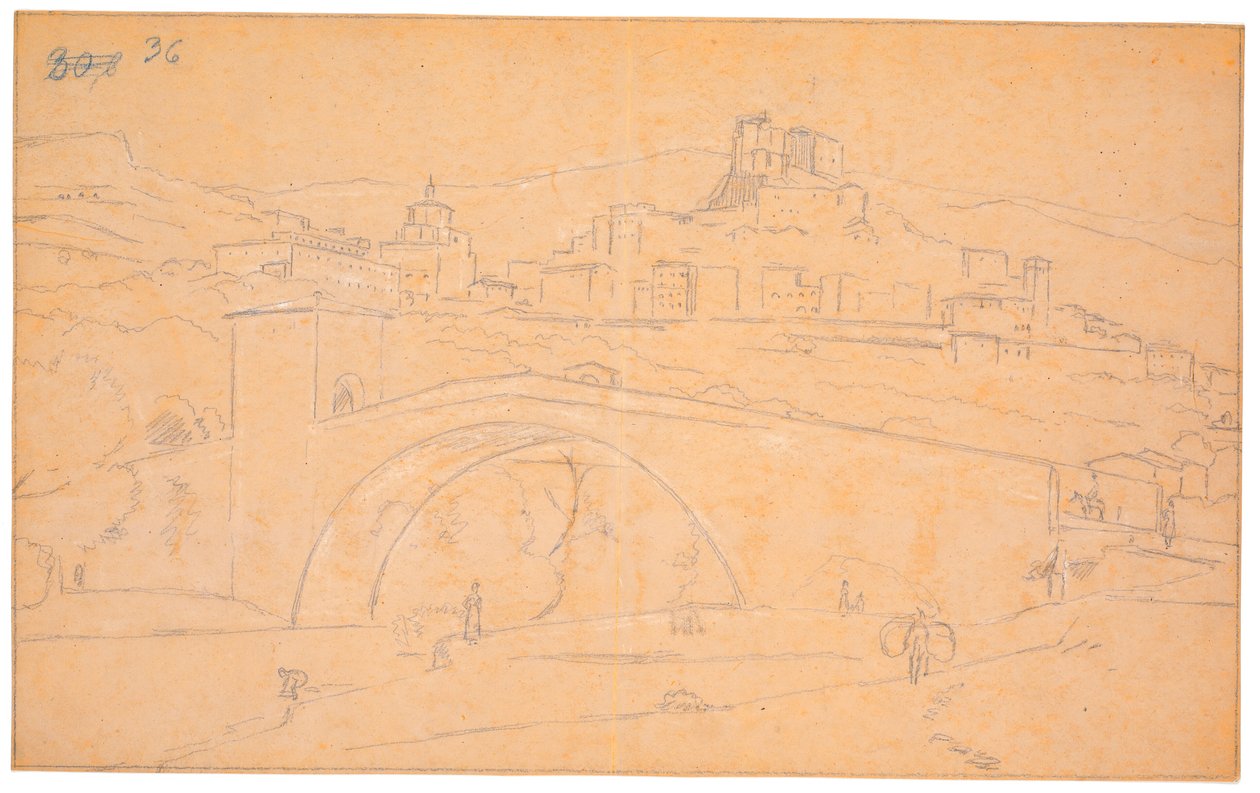 Paysage italien avec un pont sur une rivière et la ville de Subiaco en arrière-plan - Martinus Rørbye