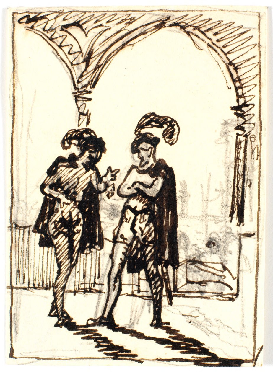 Scène médiévale avec deux hommes en cape et bérets à plumes - Martinus Rørbye