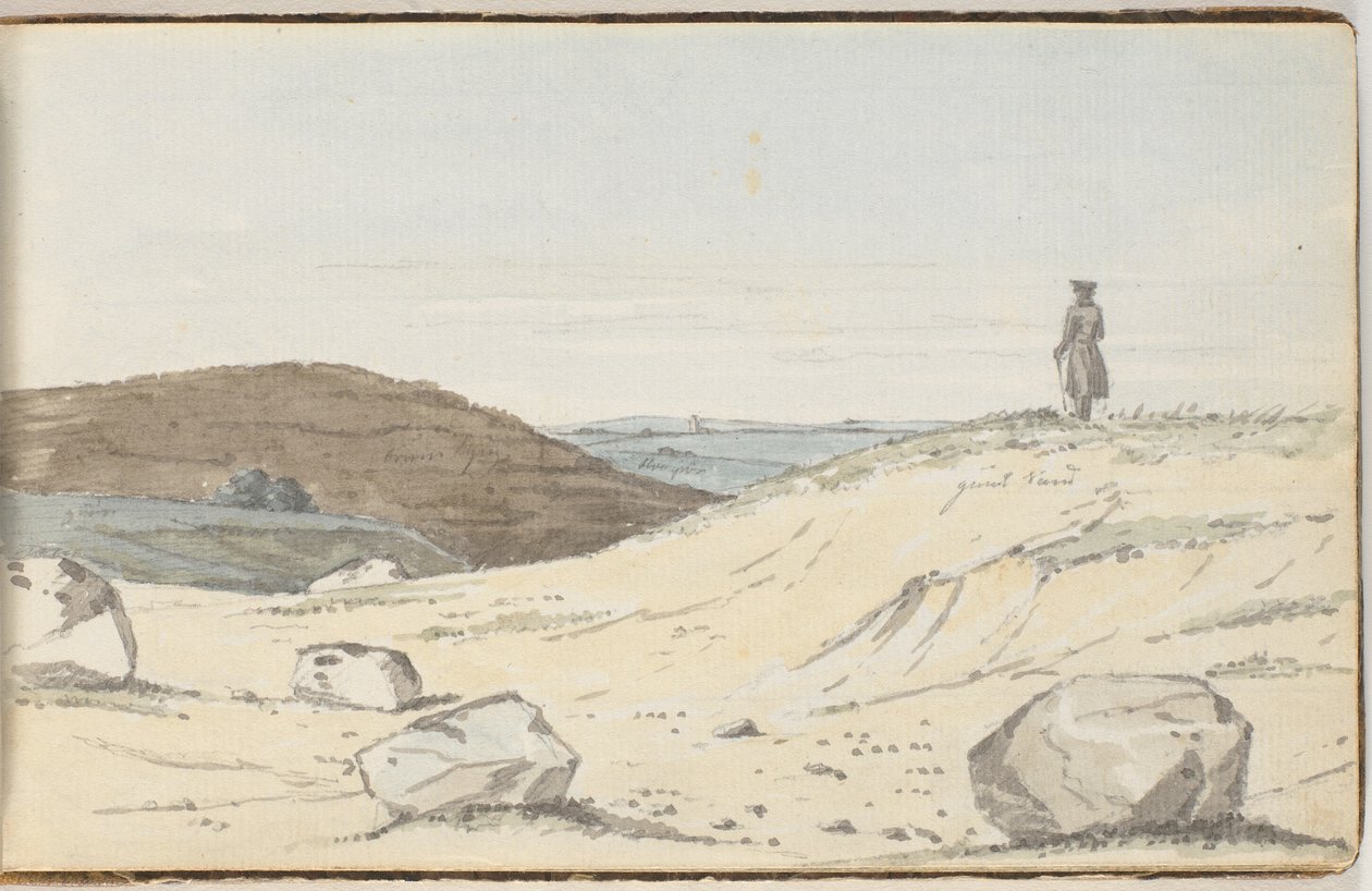 Vue sur un paysage de lande ou de dunes. Au premier plan, quelques grandes collines; sur l