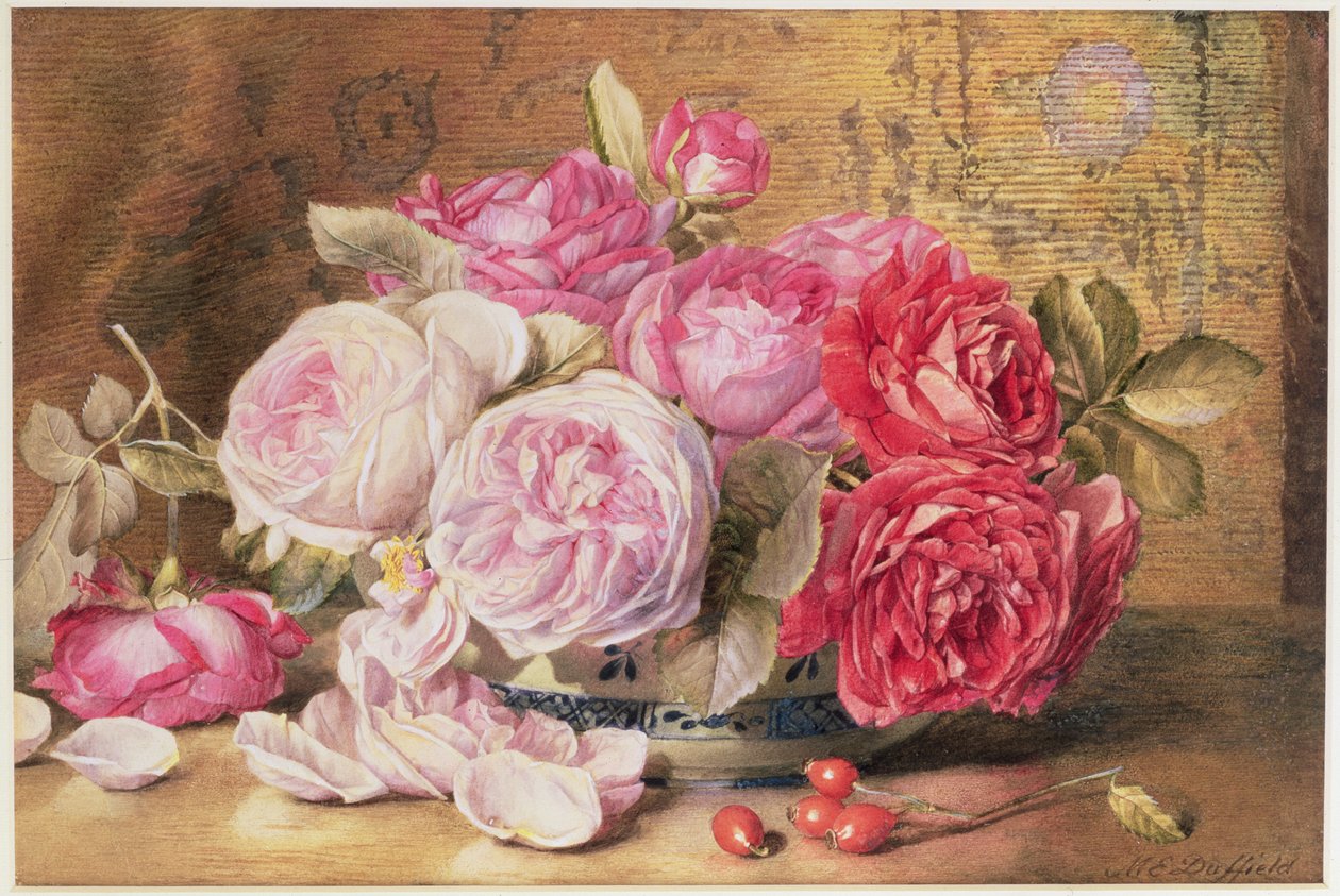 Roses roses et rouges dans un bol - Mary Elizabeth Duffield