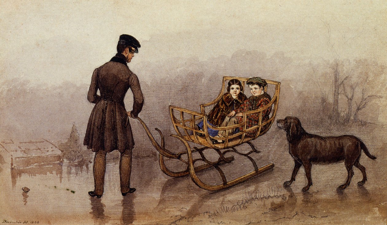 Anthony, Frank et Caroline faisant de la luge sur la glace - Mary Ellen Best