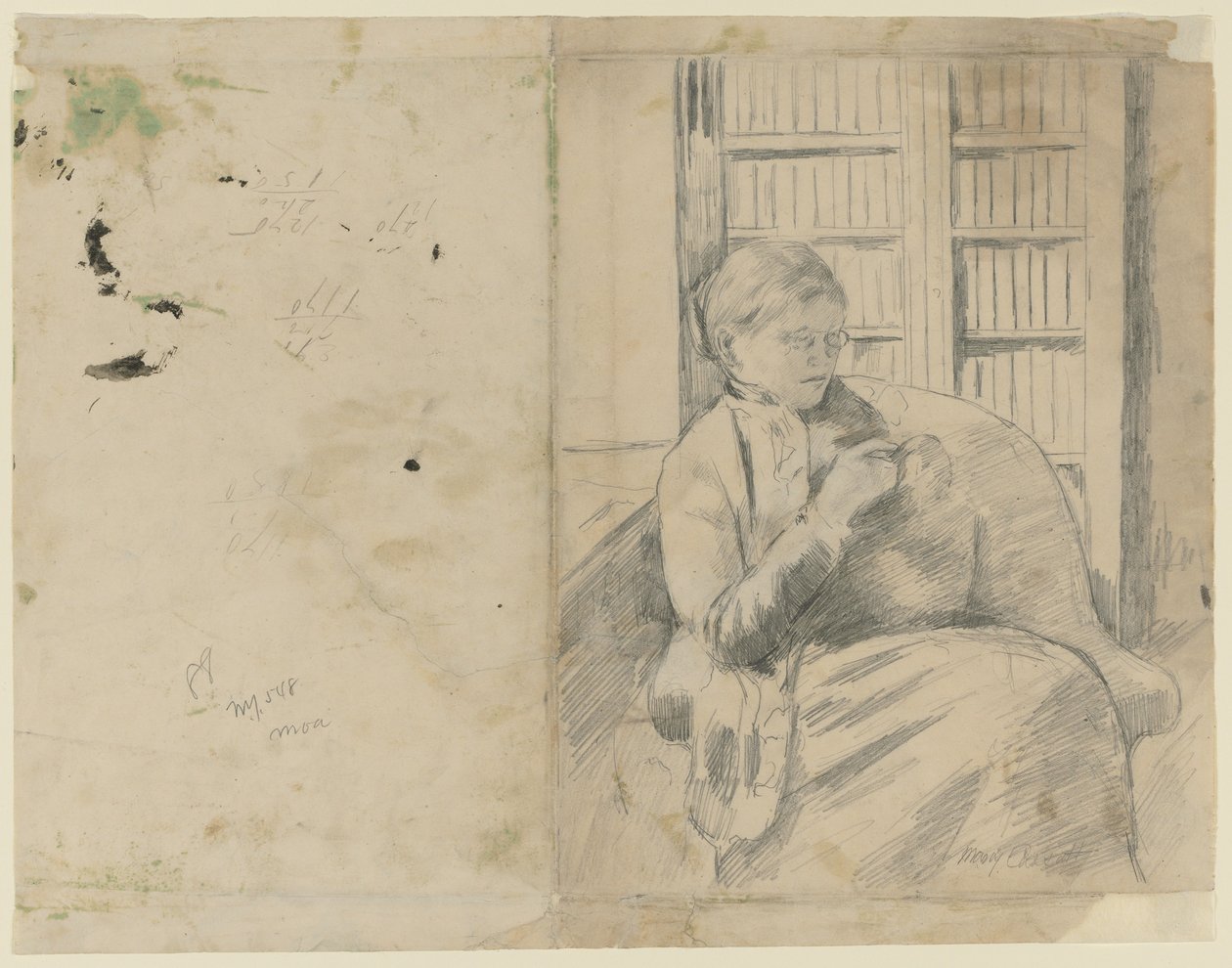 Tricot dans la bibliothèque recto, Tricot dans la bibliothèque verso, vers 1881 - Mary Cassatt