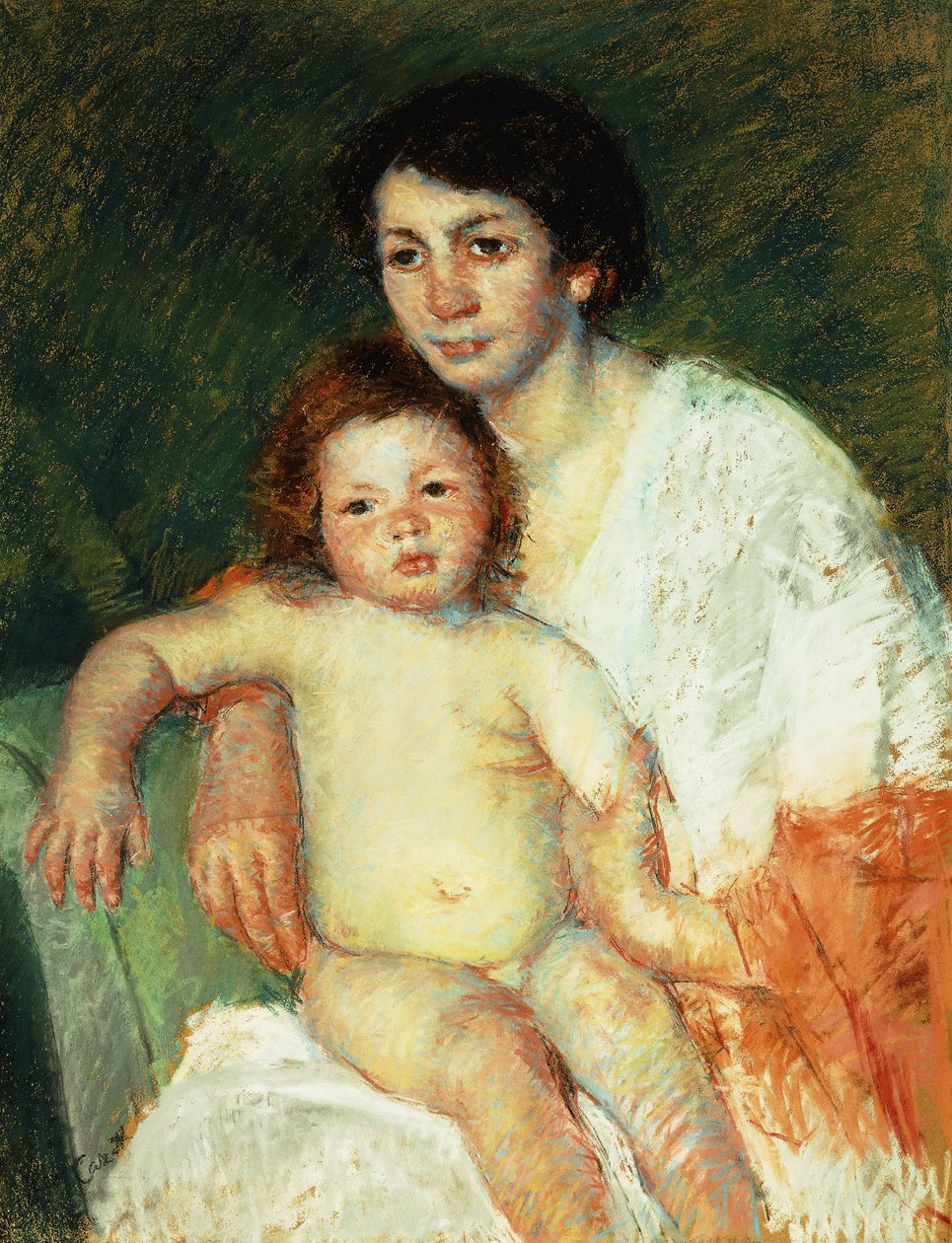 Bébé nu sur les genoux de sa mère reposant son bras droit sur le dossier de la chaise, 1913 - Mary Cassatt