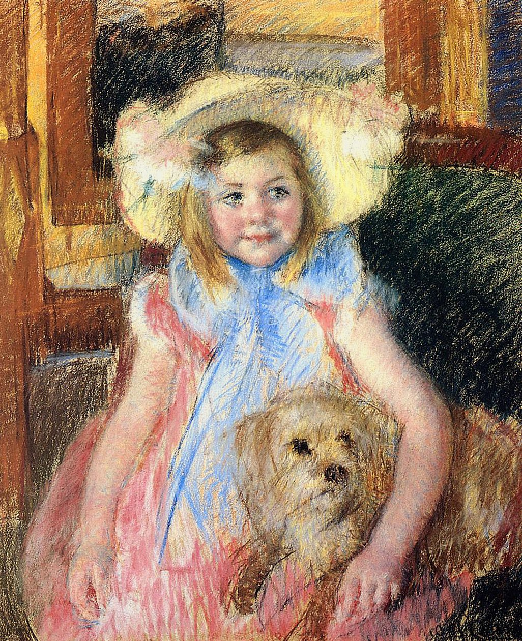 Sara avec un grand chapeau fleuri, regardant à droite, tenant son chien, c.1901 - Mary Cassatt