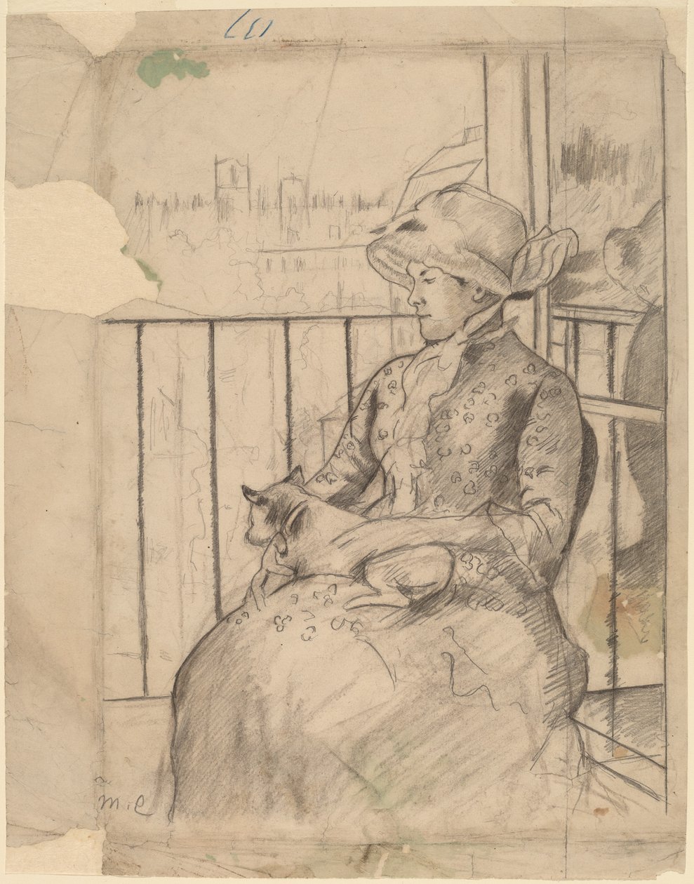 Susan sur un balcon tenant un chien [recto], vers 1883 - Mary Cassatt