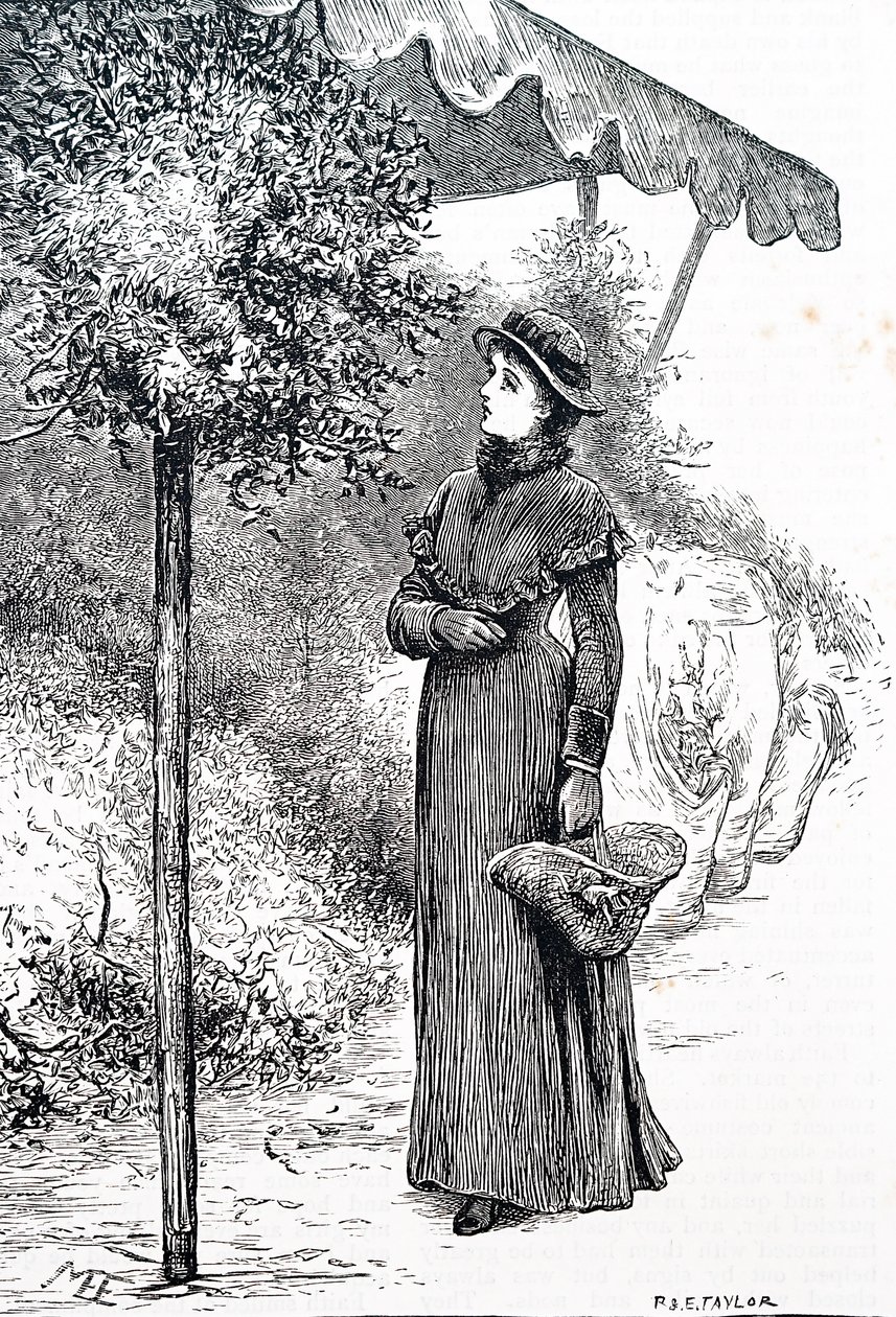 Une femme achetant du houx pour les décorations de Noël. Par Mary Ellen Edwards (1838-1934), une artiste anglaise - Mary Ellen Edwards