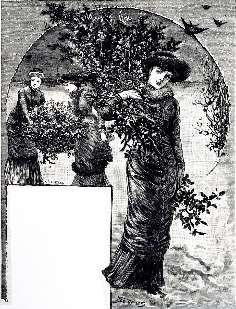 Gravure représentant la collecte de houx et de verdure pour la décoration de Noël. Illustrée par Mary Ellen Edwards (1838-1934) une artiste et illustratrice anglaise de livres pour enfants - Mary Ellen Edwards