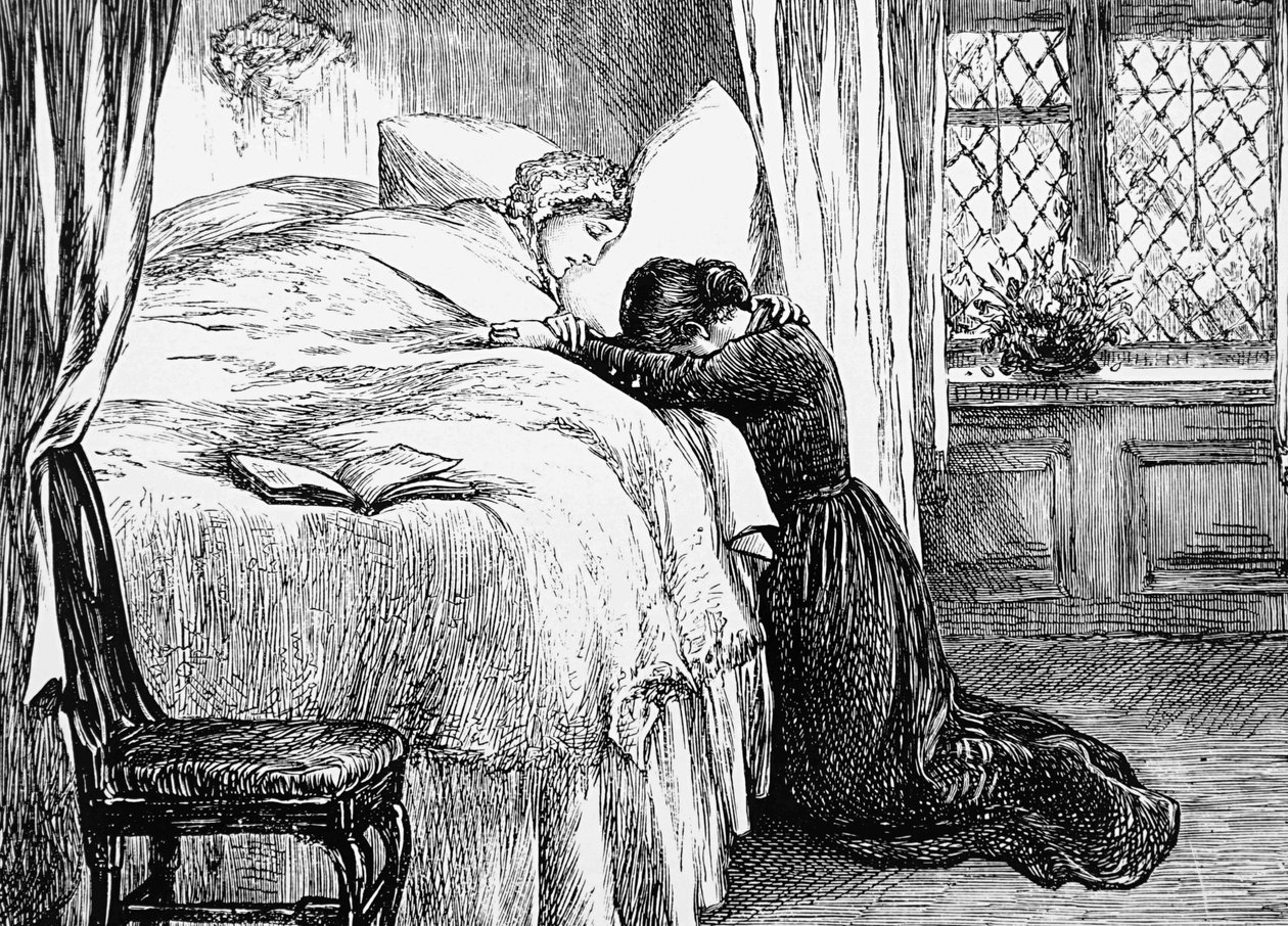 Illustration Dépeignant une Fille Pleurant au Chevet de sa Mère - Mary Ellen Edwards