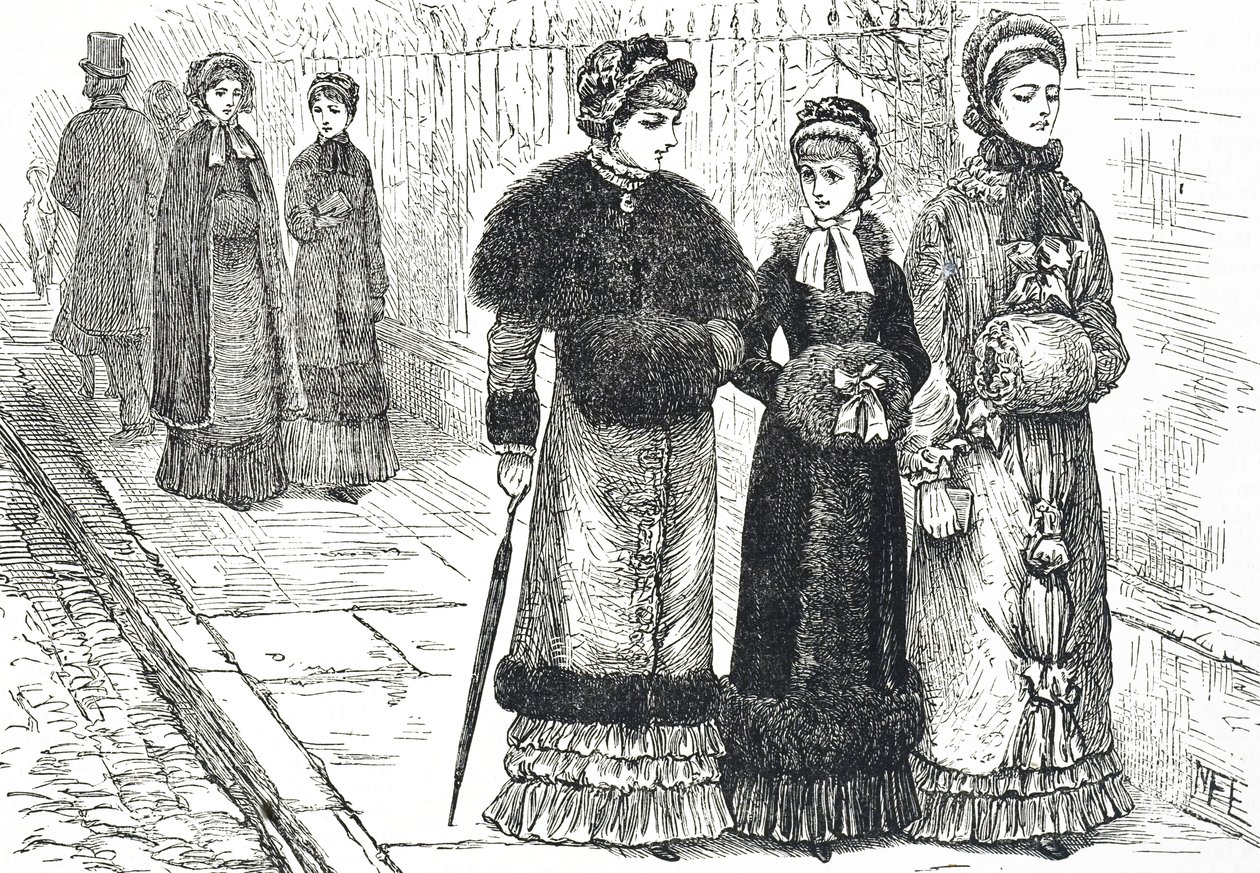 Illustration représentant des jeunes femmes avec des manchons, pour garder leurs mains au chaud par temps froid - Mary Ellen Edwards