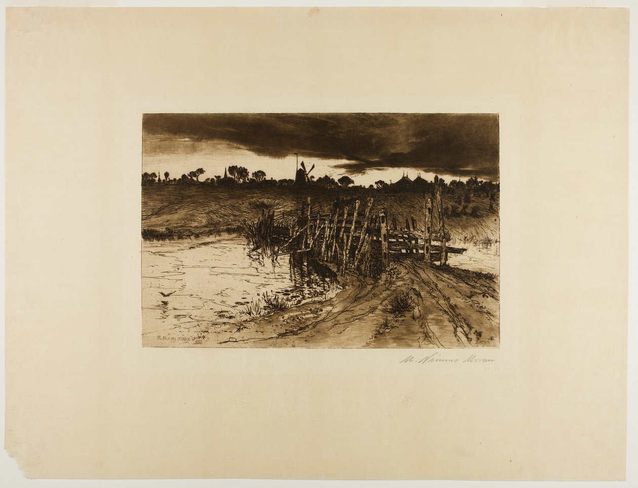 Paysage avec moulin et pont en bois - Mary Nimmo Moran