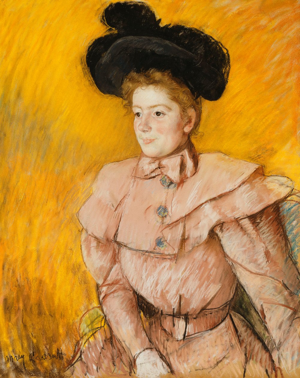 Femme au chapeau noir et costume framboise - Mary Cassatt