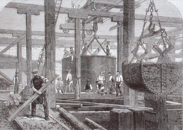 Vue des travaux de construction au pont de Blackfriars pour le chemin de fer de Londres, Chatham et Douvres montrant l