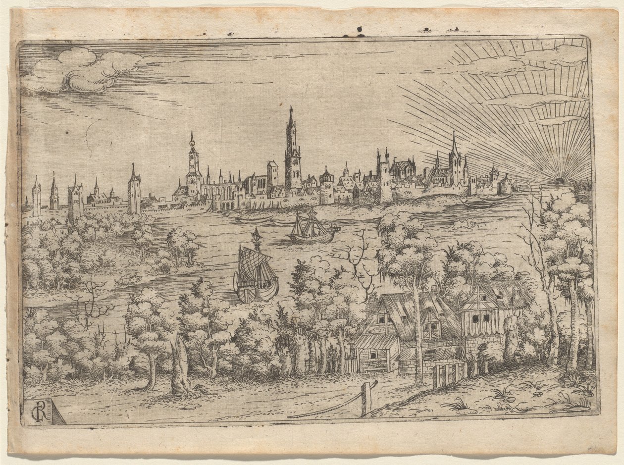 Vue sur une rivière vers une ville fortifiée au coucher du soleil - Master CR