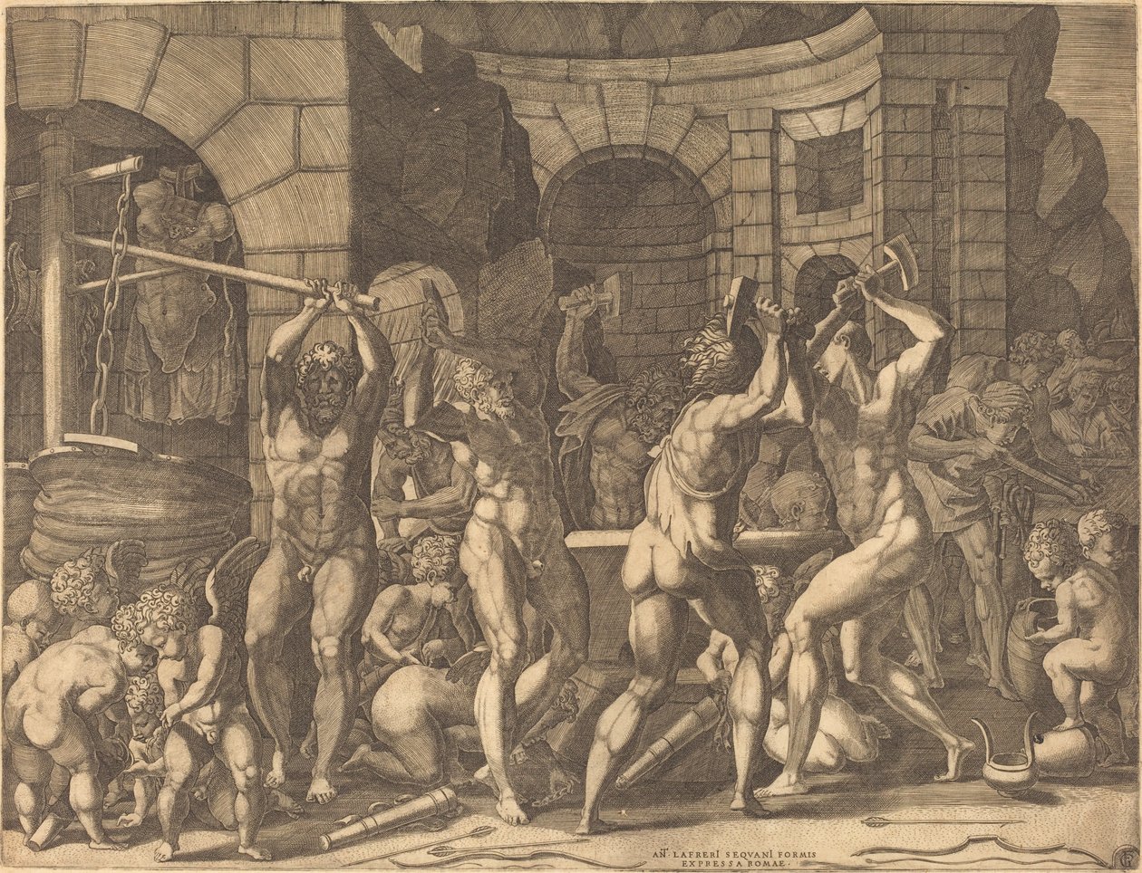 Vulcain et les Cyclopes forgeant des flèches - Master FG, after Francesco Primaticcio