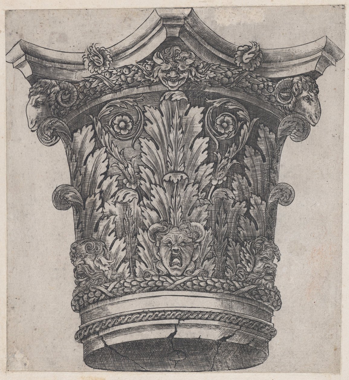 Speculum Romanae Magnificentiae : Chapiteau avec têtes de bélier et masques, vers 1537 - Master GA