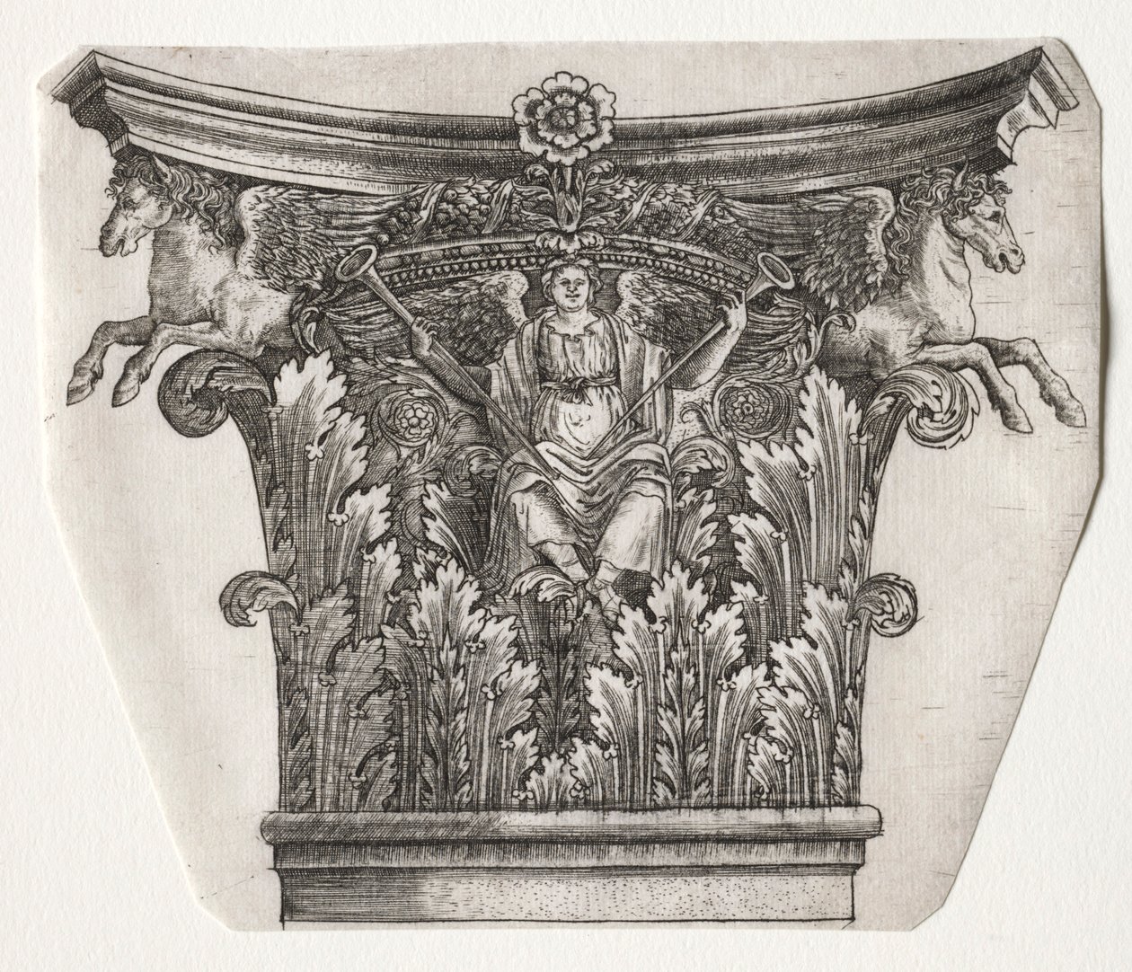 Base et chapiteau avec figure de la Renommée et chevaux ailés chapiteau, vers 1525-1550 - Master G. A. with the man