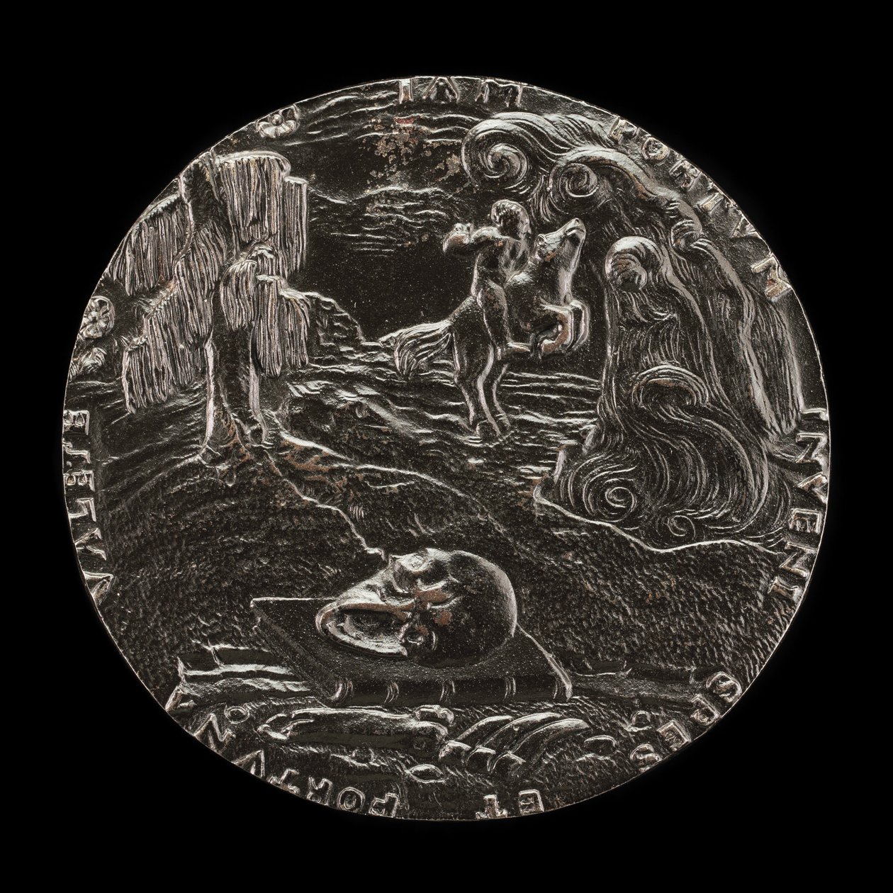 Livre, crâne, os et cavalier dans le paysage [verso], 1526 - Master M.P.