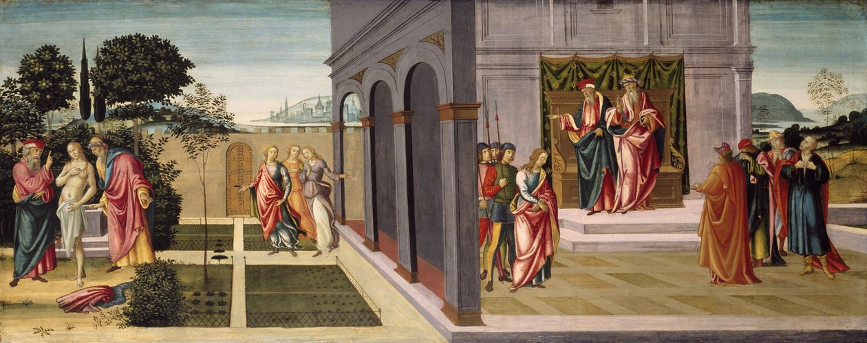 Suzanne et les vieillards dans le jardin, et le procès de Suzanne devant les vieillards, vers 1500 - Master of Apollo and Daphne