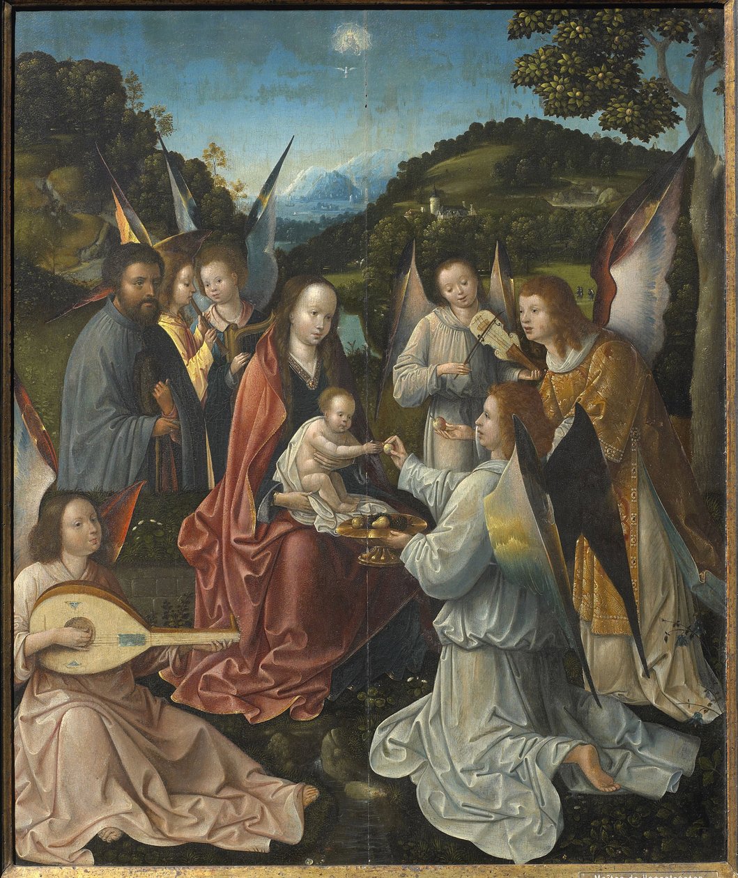 Sainte Famille avec des anges et les saintes Catherine et Barbara Triptyque, panneau central - Master of Hoogstraeten