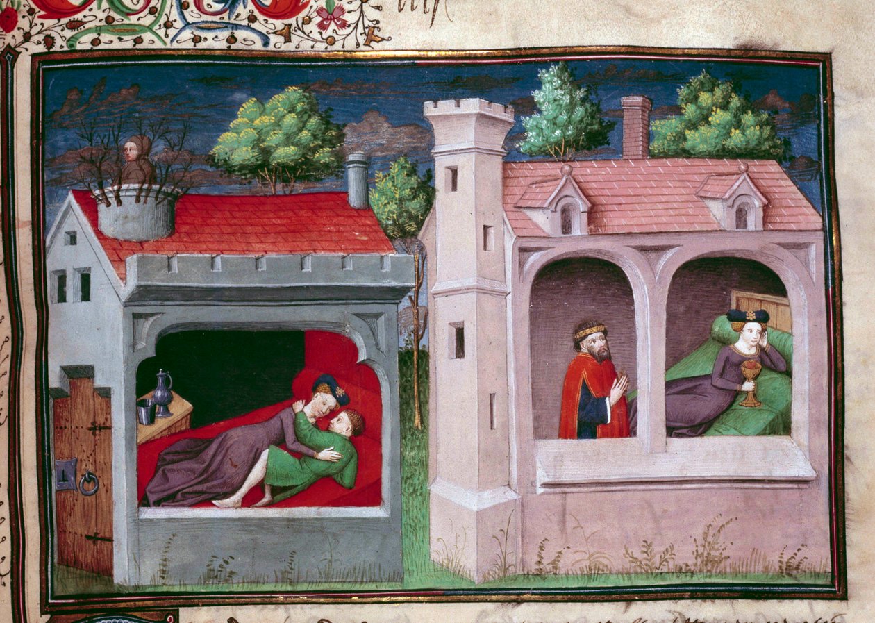 Scène galante : deux couples discutant. Page d