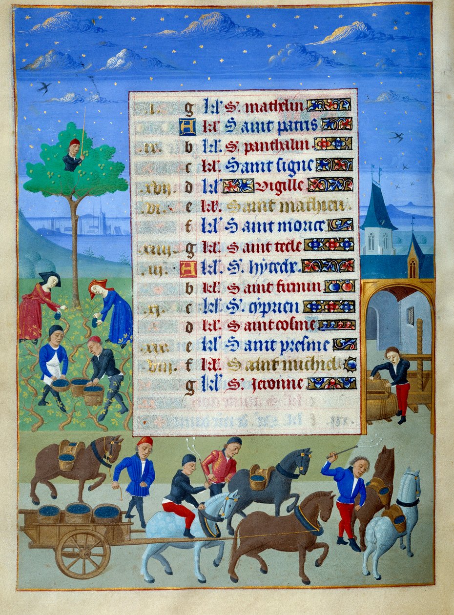 Vendange et transport page de manuscrit enluminé du Livre d