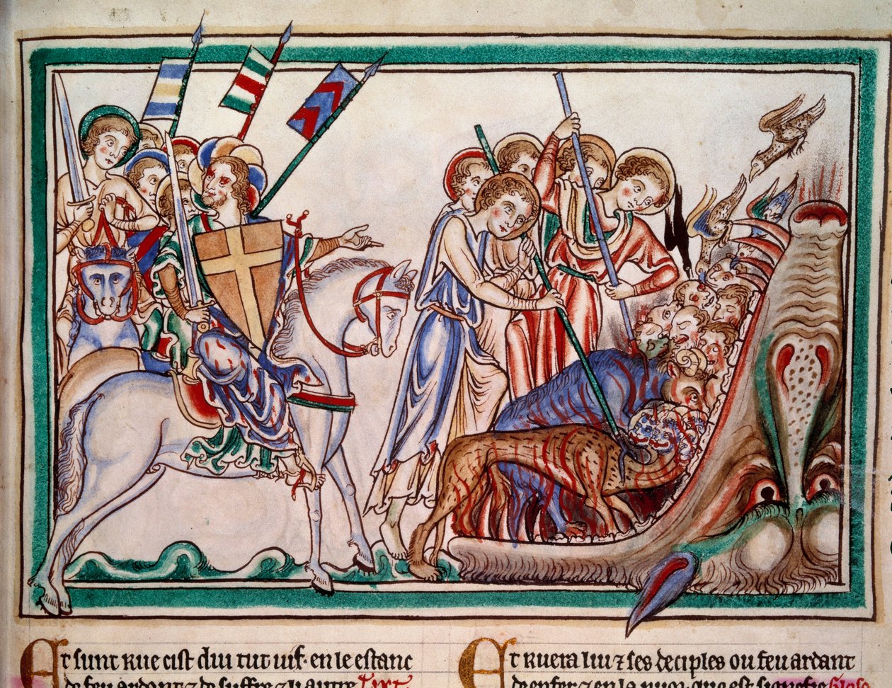 Le Seigneur et son armée précipitant la Bête et ses adorateurs en enfer. Miniature du manuscrit « Apocalypse historiée », Folio 38. 1250. Enluminure du Maître de Sarum. Paris, NL - Master of Sarum